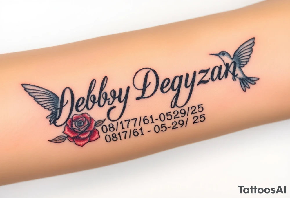Tattoo of the exact name Debby Deguzman in chunky bold curly cursive with the exact dates of 08/17/61-05/29/25 surrounded by 1 hummingbird and 1 rose tattoo idea