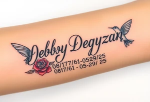 Tattoo of the exact name Debby Deguzman in chunky bold curly cursive with the exact dates of 08/17/61-05/29/25 surrounded by 1 hummingbird and 1 rose tattoo idea