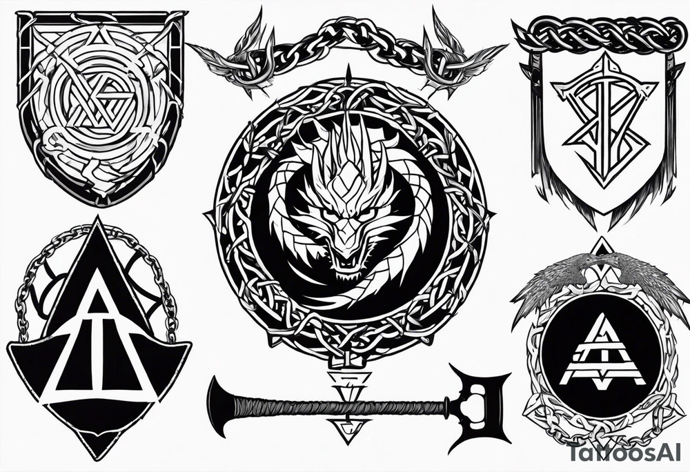 Valhalla sword shield axe barbed wire chains valknut fire dragon tattoo idea