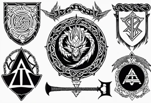 Valhalla sword shield axe barbed wire chains valknut fire dragon tattoo idea