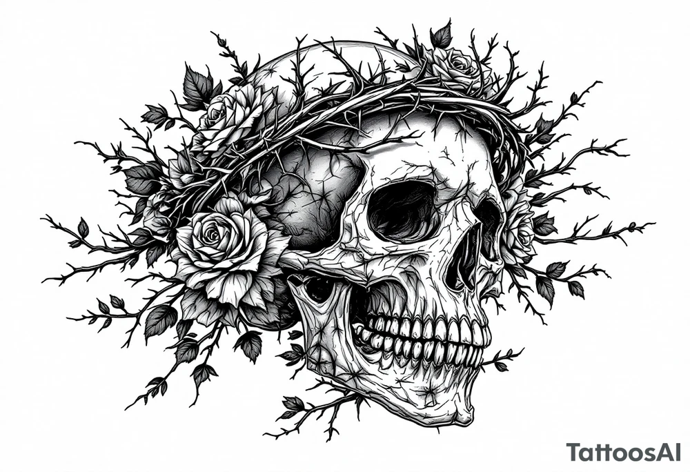 ornate skull adorned with crown of wild roses and thorns tattoo idea
