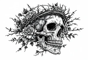 ornate skull adorned with crown of wild roses and thorns tattoo idea