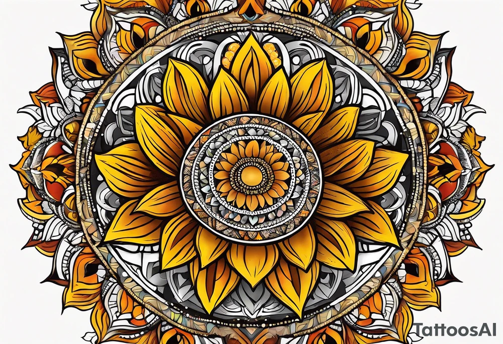 sunflower mandala Knee tattoo in fall colors tattoo idea