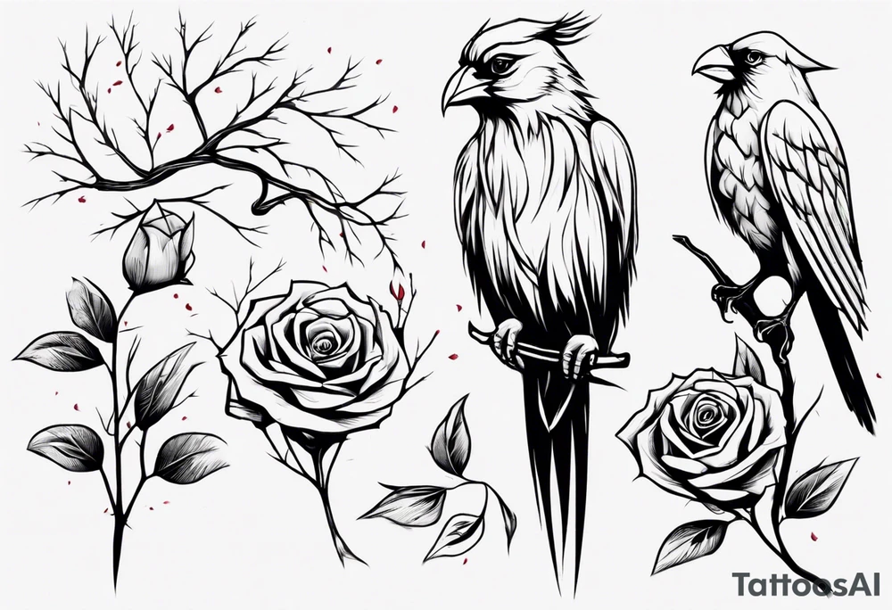 Willow tree with a cardinal holding a rose and a eagle tattoo idea