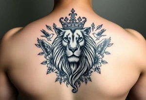 powerful majestic lion with a crown, surrounded by floral ornaments and birds tattoo idea