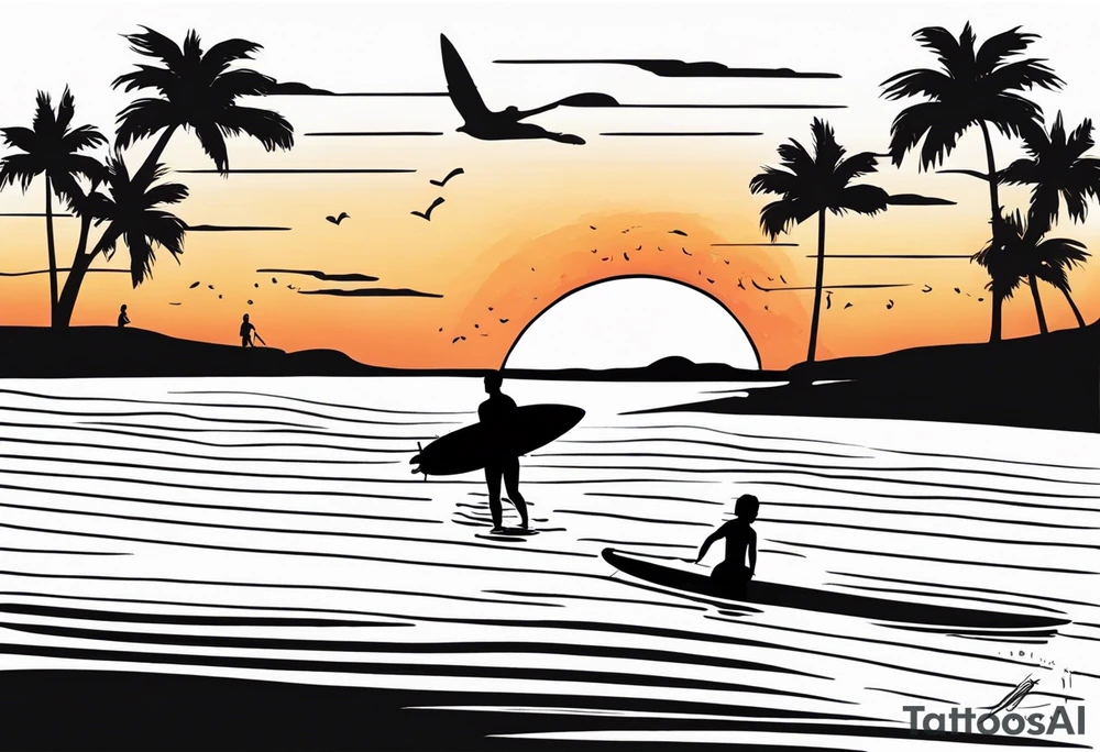 Black and white Line work tattoo depicting a father surfing in the sunset, and sharing his surfboard with one daughter on his shoulders and another daughter holding his hand. The sunset has musical notes. tattoo idea