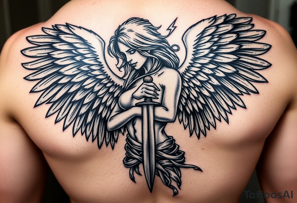 Fierce Female Angel warrior with dagger and lighting bolts going around body Greek mythology style with dark shading tattoo idea