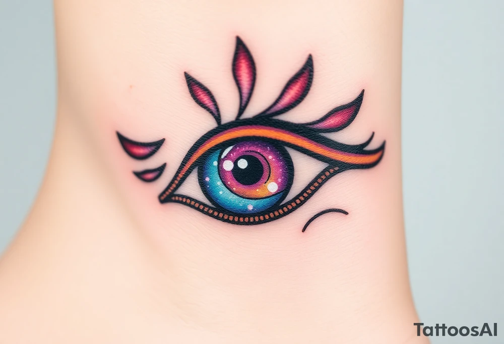 A celestial Eye of Horus with a cosmic galaxy inside the iris, swirling in shades of purple, blue, and gold tattoo idea