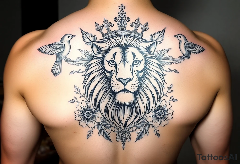 powerful majestic lion with a crown, surrounded by floral ornaments and birds tattoo idea