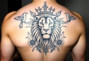 powerful majestic lion with a crown, surrounded by floral ornaments and birds tattoo idea