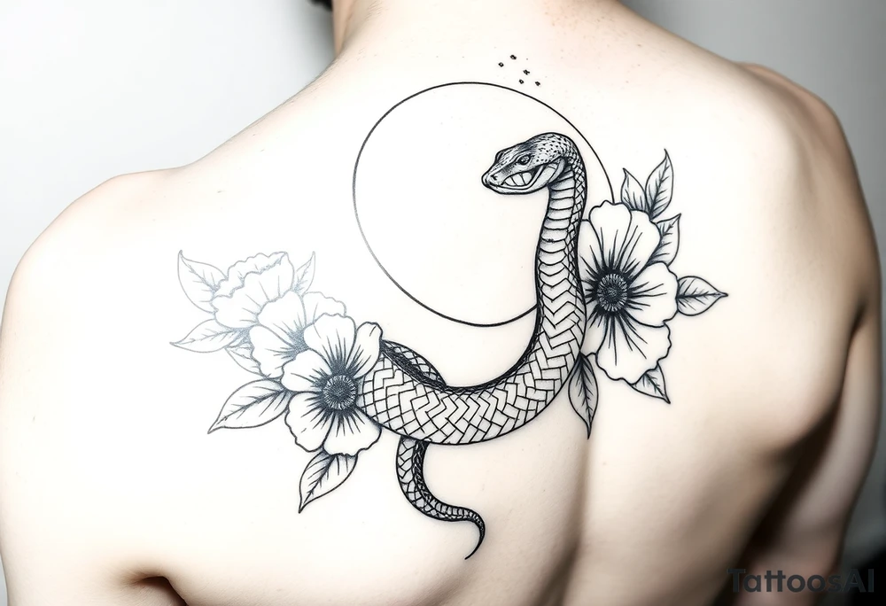 A snake slithering in different flowers with a crescent moon in the background, it should be meant for a shoulder tattoo tattoo idea