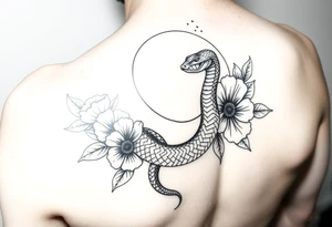 A snake slithering in different flowers with a crescent moon in the background, it should be meant for a shoulder tattoo tattoo idea