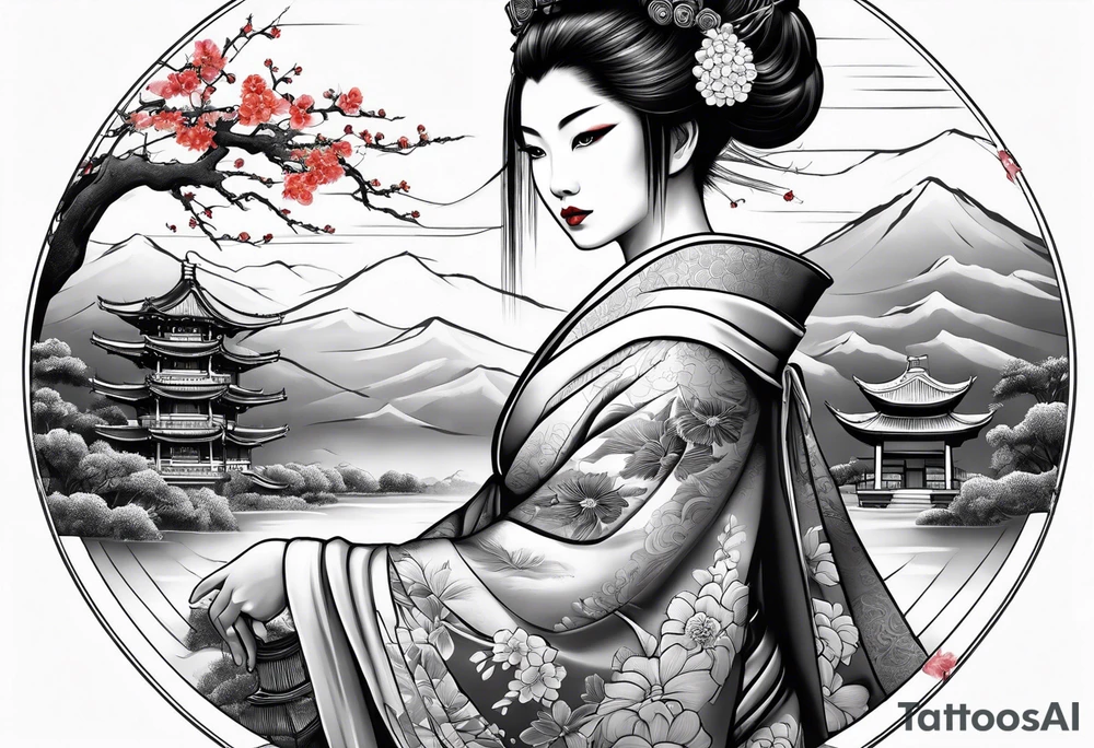 Geisha girl overlooking village of slain people tattoo idea