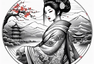 Geisha girl overlooking village of slain people tattoo idea