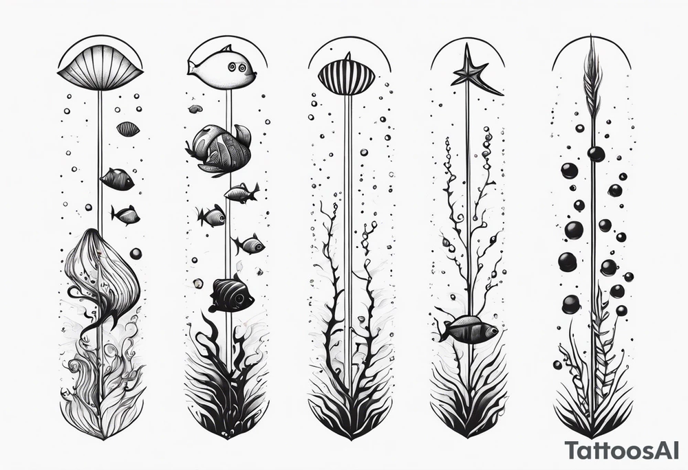 Small sea creatures in a vertical line tattoo idea