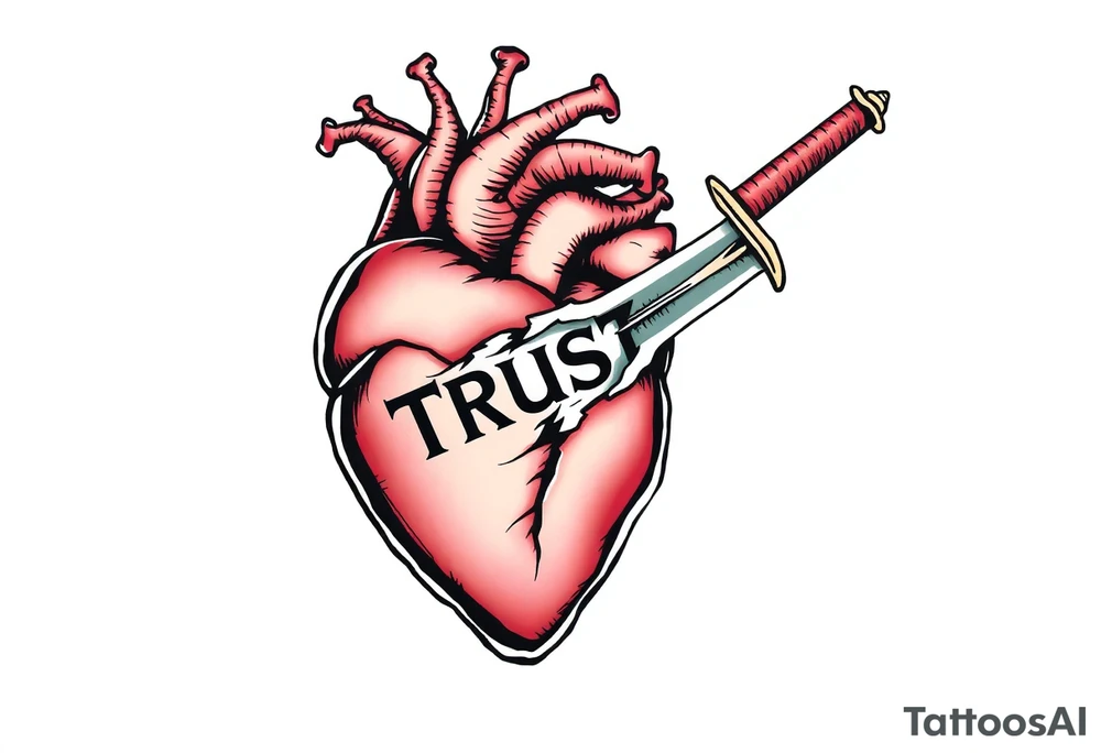 Anatomical heart torn and ripped being held together with the word trust as a elegant sword. tattoo idea