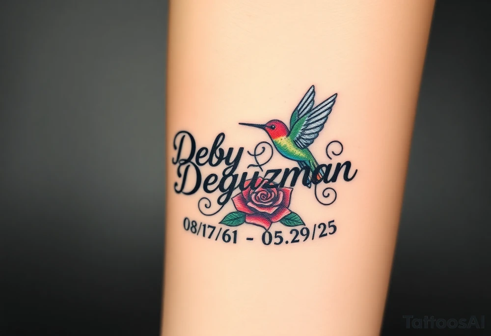 Bold curly Cursive name Debby Deguzman surrounded by a hummingbird a rose and these dates 08/17/61 - 05/29/25 tattoo idea