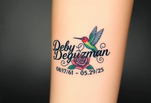 Bold curly Cursive name Debby Deguzman surrounded by a hummingbird a rose and these dates 08/17/61 - 05/29/25 tattoo idea