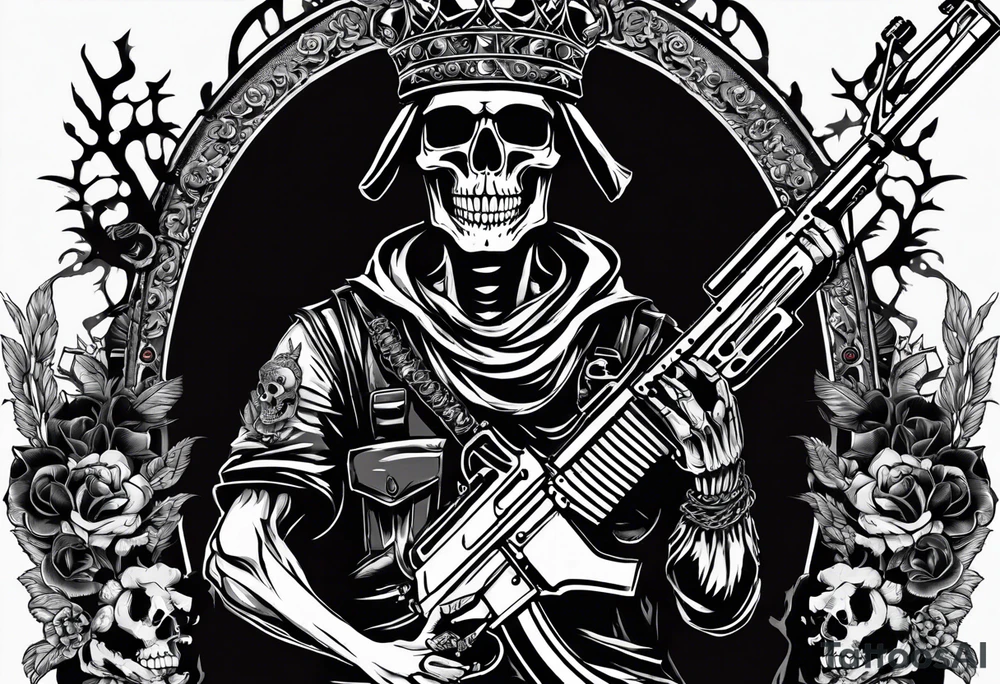 image of a skeleton standing frontally with a crown on his head, holding an AK-47 on his shoulder with his right hand. The chain on the left should be taut, there are three angry barking Dobermans in it, near the waist tattoo idea