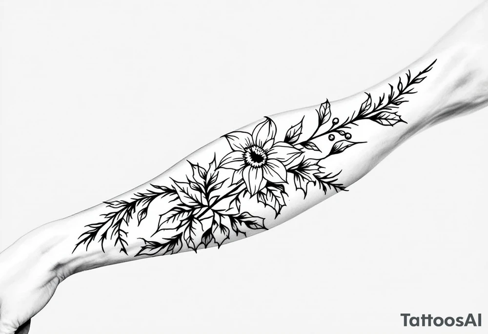 sleeve of holly and daffodils tattoo idea
