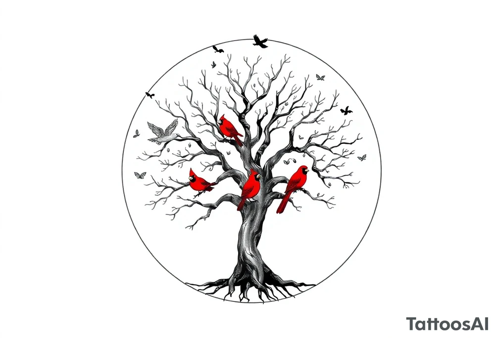 Tree of life in a broken circle with 5 birds flying out and two red cardinals sitting in the tree tattoo idea