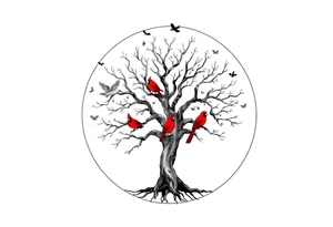 Tree of life in a broken circle with 5 birds flying out and two red cardinals sitting in the tree tattoo idea