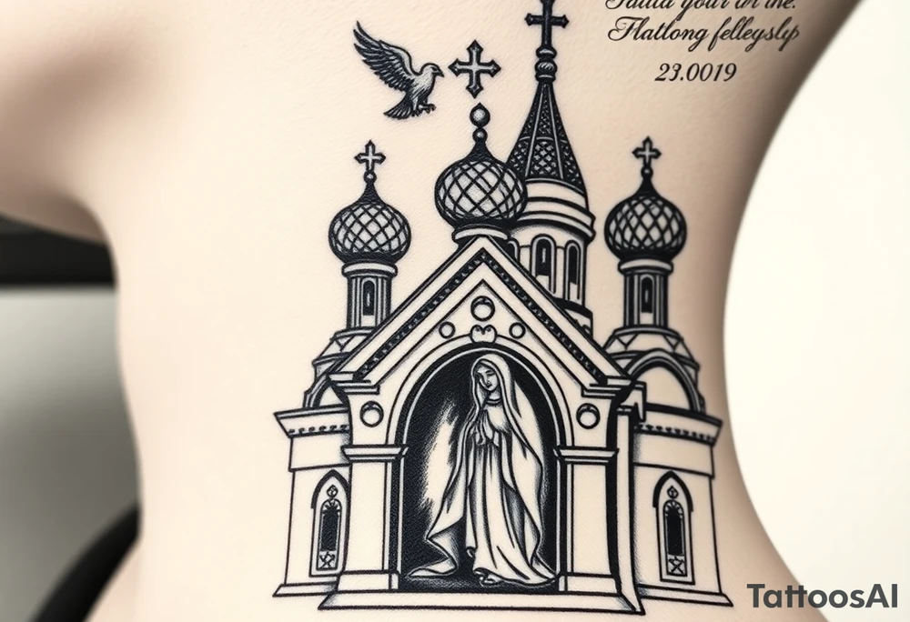 Flowing Scene

A onion domes orthodox church
Virgin Mary in prayer pose on the front doors of the russian orthodox church 
A small double headed russian coat of arms eagle or just the star tucked above the dome near the hairline tattoo idea