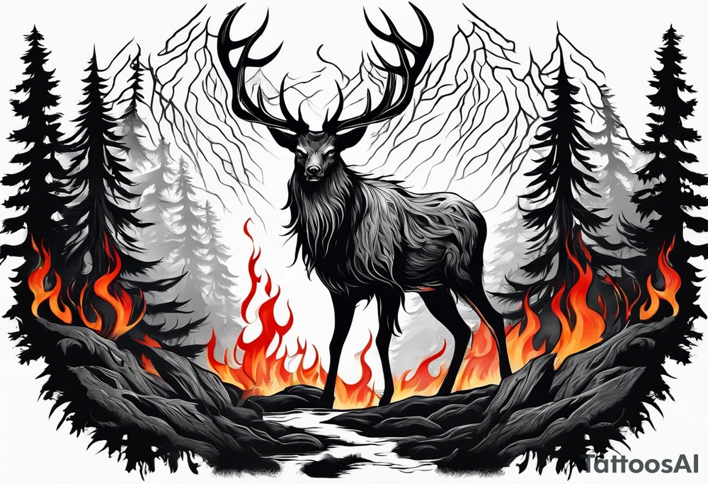 A wendigo with flames in a forest tattoo idea