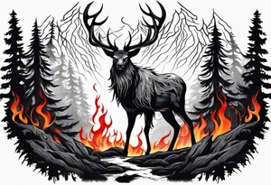 A wendigo with flames in a forest tattoo idea