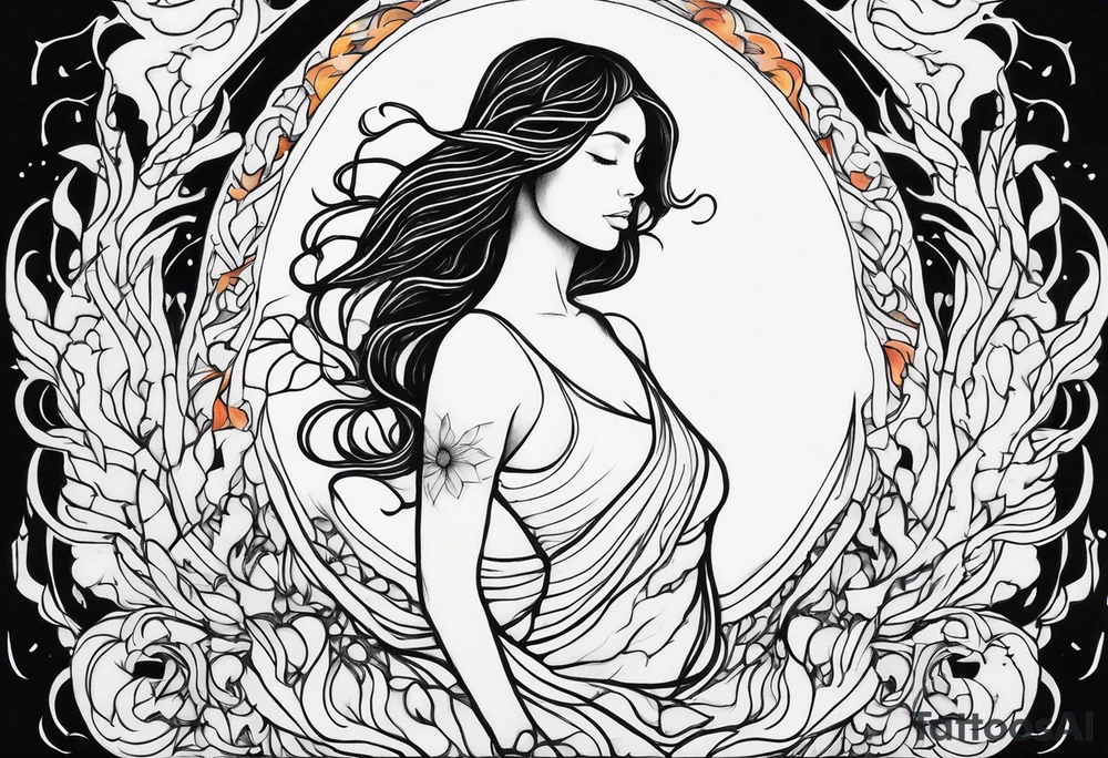 Resurrection strength and courage Beautiful Woman walking through fire and chaos to inner peace and self-love  ethereal tattoo idea