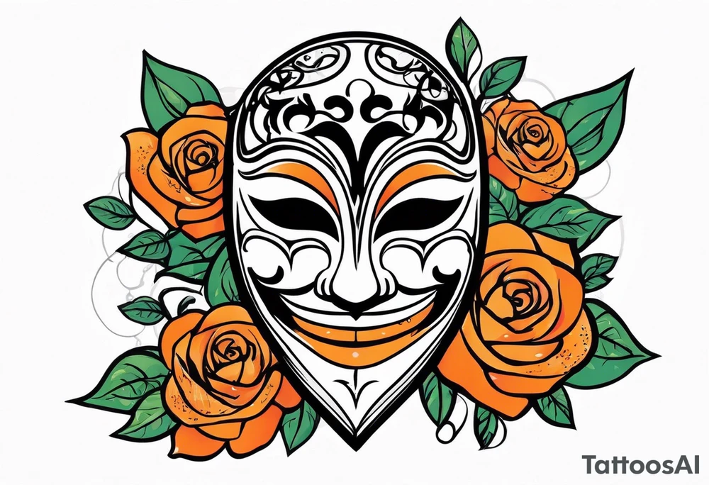 Laughing Male masquerade mask with orange and black roses tattoo idea