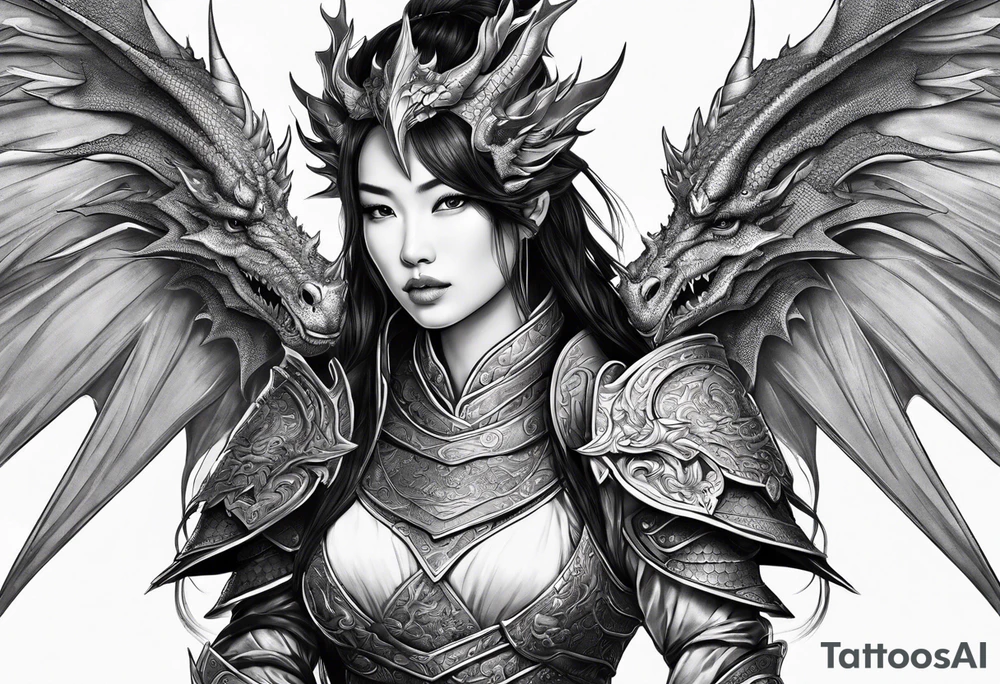 beautiful warrior woman wearing dragon armor and a dragon flying tattoo idea
