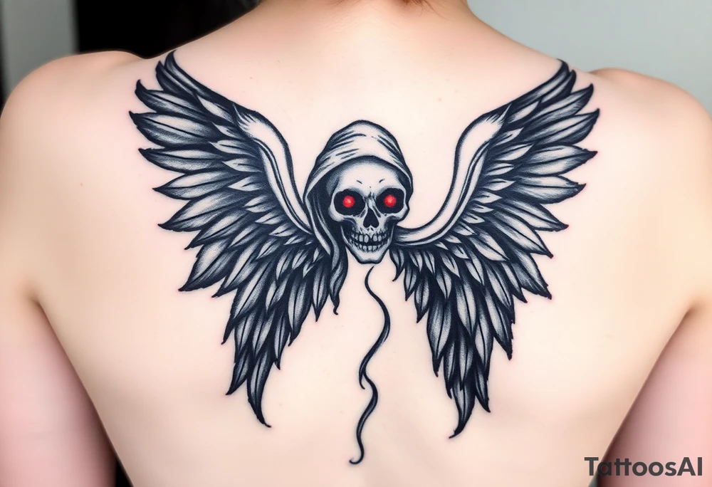 An angel with flowing black wings, standing tall, with a skull face cloaked in shadows, accented with dark red eyes that glow faintly. tattoo idea