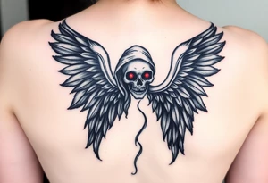 An angel with flowing black wings, standing tall, with a skull face cloaked in shadows, accented with dark red eyes that glow faintly. tattoo idea