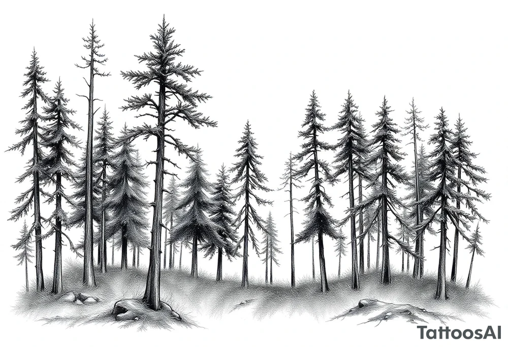 Needle forest with black and gray trees tattoo idea