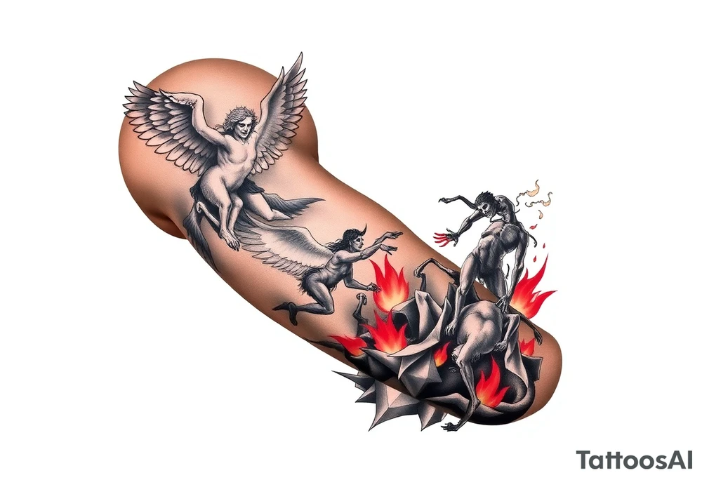 Heaven’s angels fighting hells demons. Angels flying and demons climbing up out of hell tattoo idea