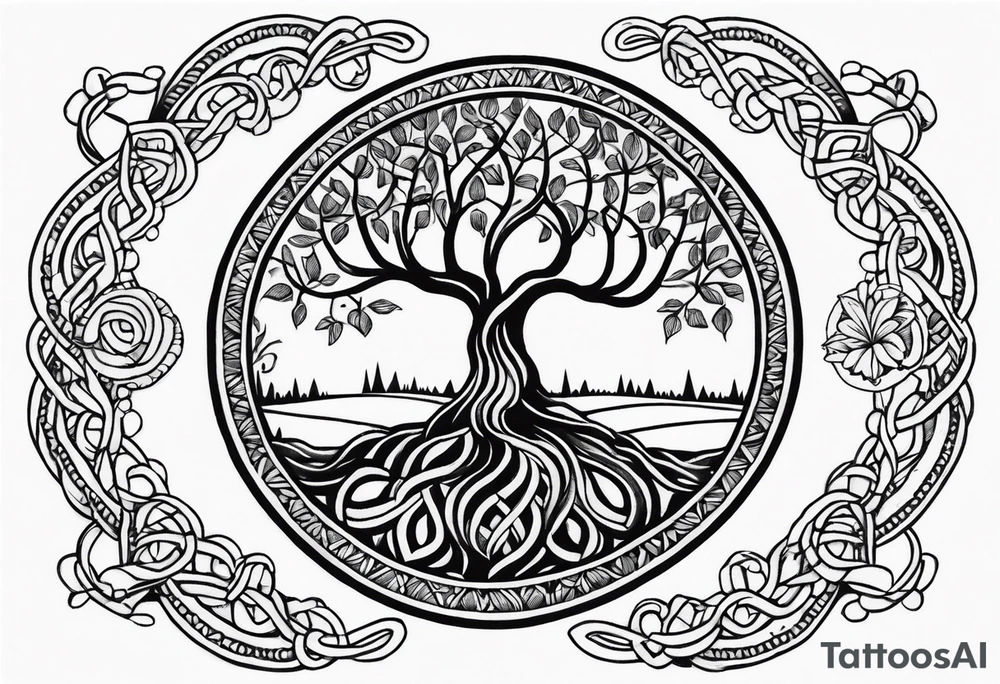 Braided rope wrist tattoo with tree of life in the center with bead work dangling on the hand tattoo idea