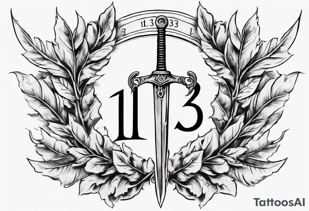 number 13 centered in a laurel leaf wreath and a sword going through the center of the wreath tattoo idea