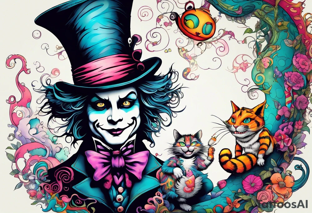 Alice in Wonderland. Mad hatter, Cheshire Cat, hook-a smoking caterpillar, eat me, drink me, we are all mad here. Colorful. Psychedelic. Playful. tattoo idea