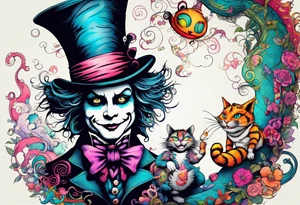 Alice in Wonderland. Mad hatter, Cheshire Cat, hook-a smoking caterpillar, eat me, drink me, we are all mad here. Colorful. Psychedelic. Playful. tattoo idea