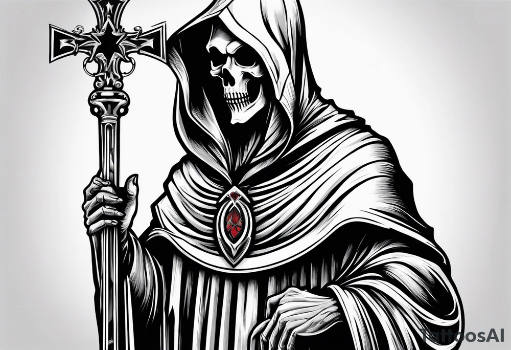 full body grim reaper with his hood off and a halo above his head tattoo idea