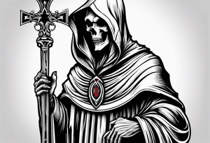 full body grim reaper with his hood off and a halo above his head tattoo idea