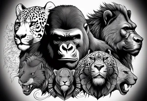 A gorilla, cheetah, rhino, rat, velociraptor, tiger and falcon tattoo idea