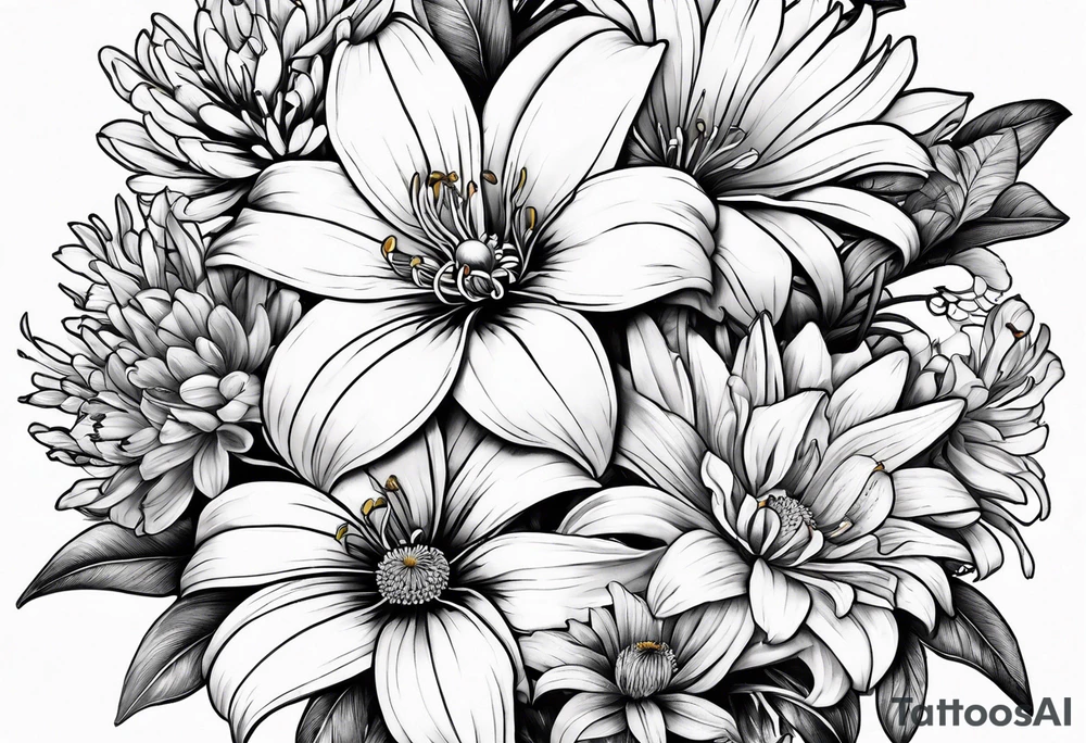 Bouquet of lilies, marigolds, cosmos, and asters tattoo idea