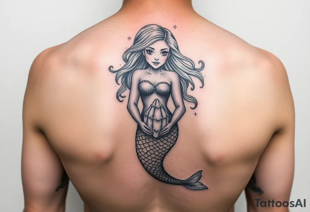 Mermaid tattoo full body soft face light grainy holding a shell in hand tattoo idea