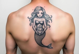Mermaid tattoo full body soft face light grainy holding a shell in hand tattoo idea