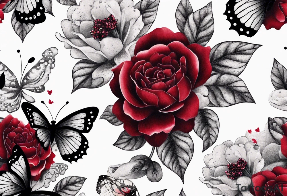 Flowers with "Ruby" in calligraphy font and butterflies around it tattoo idea