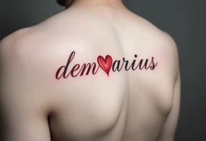 the name “demarius” name in cursive in red ink with a heart over the i tattoo idea