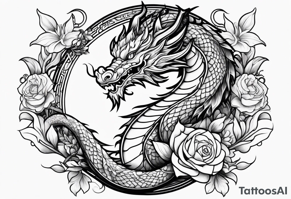 Feminine dragon on forearm with vines and flowers tattoo idea