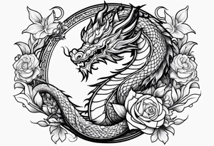 Feminine dragon on forearm with vines and flowers tattoo idea